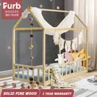 Furb Kids Bed Frame Wooden Solid Pine Wood Bed Base Security Rail Single Oak