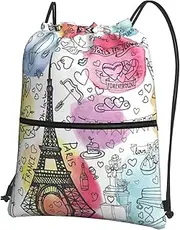 French Paris Tour Eiffel Tower Print Drawstring Backpack Gym Bags Sports Bags With Zipper Pocket For Travel Beach, Black, One Size