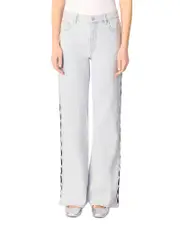 Maje Rhinestone Cutaway Mid Rise Wide Leg Jeans in Blue Sky