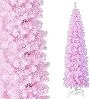 Costway 215CM Pre-lit Artificial Pink Christmas Tree, Holiday Decoration Hinged Pencil Tree with 670 Branch Tips, 350 Cold White LED Lights, Foldable Metal Stand, Fake Xmas Tree for Home Office Party