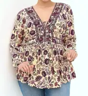 New! TORRID 4 Women's Babydoll Rayon Crepe Esther Embroidered Lace-Up Floral Top
