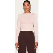 Dusty Peach Sheer Mesh Scoop Back Long Sleeve Crop Top, Dusty Peach