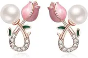 [Generic] Pink Flower Stud Earrings for Women Tulip Flower Stud Earrings Pearls