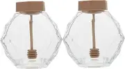 SOLUSTRE Set of 2 Honey Jars Bee Stir Stick Glass Honey Bottles Hexagonal Fashion Functional