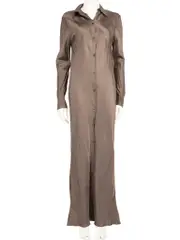 Brown Satin Maxi Shirt Dress