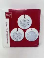 Vintage MIKASA Crystal Christmas Tree Ornaments Bells Candle Poinsettia NIB