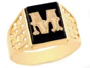 10k or 14k Yellow Gold Bold Black Onyx Mens Basket Weave Initial Letter M Ring