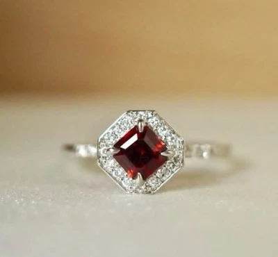 2.05 Ct Square Cut Natural Garnet Diamond Engagement Ring 14K solid White gold