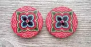 flowers boho wood sewing buttons 2 holes 1 inch red (set #1316) 2pc USA seller