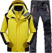 [ZSCAL] Men's Ski Jacket and Pants Set, Men Winter Warm Hooded with Belt Pants Ski Suits Set, Male Waterproof Windproof Outdoor Snowboard Wear Set Skiing, for Snow Sport (Color : Yellow-Gray, Size : 3X-Larg
