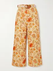 [Zimmermann] Zimmermann - + Net Sustain Junie Belted Cropped Floral-print Linen Wide-leg Pants - Cream - 3 3 Cream