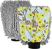 Wash Mitts for Car Washing Absorbent Microfiber Chenille Floral Yellow Flowers Light Blue Mitts Car Cleaning Tools Scrub Pad Scratch Free Soft, Medium x 2 Pack