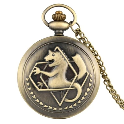 Bronze Fullmetal Alchemist Pocket Watch Roman Number Quartz Timepiece Long Chain