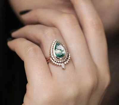 3.60 Ct Pear Cut Simulated Moss Agate Ring Sterling Silver 925