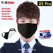 【 25 Pack 】 Black Fabric Face Mask-Washable,Breathable,Reusable 4-Layer Mask