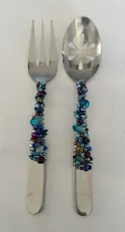 Hand Beaded In Blues and Brown~Wired Stainless Serving Spoon and Fork~9”