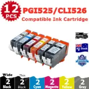 12X Non-OEM Ink Cartridges PGI525 CLI526 + Gray for Canon MG 5250 6150 6250 8150
