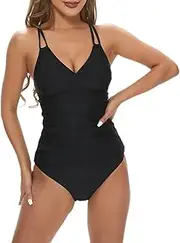[wadizo] Tankini Women's Tummy Control Set Push Up Ruffle Two Piece Swimsuit High Waist Bikini Swimwear Halter V-Neck Top, Black, M