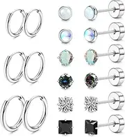 [LOFITOR] Titanium Earrings for Men Women Titanium Steel Stud Earrings for Sensitive Ears Opal Cubic Zirconia Hypoallergenic Surgical Steel Cartilage Earrings Hoop 20G Flat Back Stud Earrings