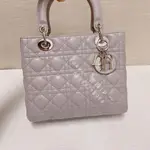 二手精品 DIOR 迪奧 LADY DIOR 手提包 肩背包 藤格紋戴妃包 淺灰色 羊皮 M0565