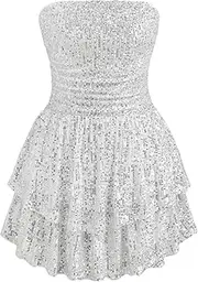 [CIDER] Sequin Square Neck Solid Layered Ruched Mini Dress, Silver, Small