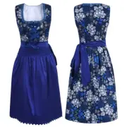 Traditional German Dirndl Dress - Blue & White Floral with Satin Apron