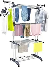 HOMIDEC Clothes Drying Rack, Oversized 4-Tier(67.7" High) Foldable Stainless Steel Drying Rack Clothing, Movable Drying Rack with 4 castors, 24 Drying Poles & 14 Hooks for Bed Linen, Clothing, Grey