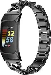 Bands Compatible with Fitbit Charge 6/Charge 5 Band Metal Adjustable Cowboy Chain Replacement Bands Dressy Bracelet Charge 6 Straps Accessories for Women Men