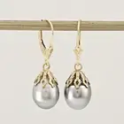 14k Yellow Gold Leverback Cap Silver Gray Baroque Tahitian Pearl Dangle Earrings