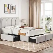 Yaheetech Queen Bed Frame Upholstered Platform Bed with 4 Drawers Storage and Adjustable Headboard,Arch Channel Tufted Headboard,Sturdy Wood Slat Support,No Box Spring Needed,Beige Queen Bed