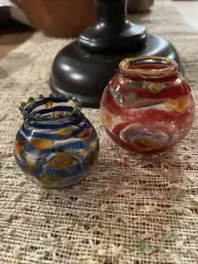 Set of Two Mini glass vases hand blown red & blue