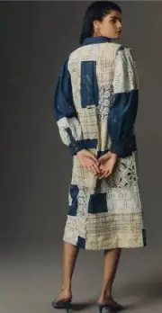 Anthropologie Let Me Be Midi Shirt Dress Blue Denim Patchwork City Boho XS NWT