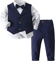 [Lejafay] Boys 4 Piece Cotton Suit Formal Set Bow Tie Dress Shirt + Tuxedo Vest + Pants for Baby & Toddler