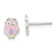 Sterling Silver Polished & Multi-Color Enameled Owl Children'S Post Earrings