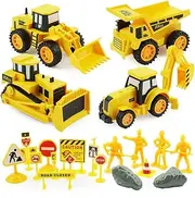Boley Builders Play Set - 24 Piece Kids Construction Toys with Bulldozer, Dump Truck, Front Loader and Backhoe Toy Trucks, Diecast Signs, Pretend Rubble and Construction Workers - Excavator Toy Trucks