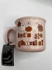 Cobwebs And Cauldrons Mug Hippy Halloween Ghost Let's Go Ghouls Pink Flowers NEW