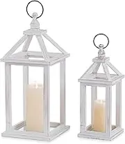 Romadedi Farmhouse Wood Candle Lantern - 12" / 16" Set of 2 Rustic Wooden Lanterns Decorative Candle Holder Home Decor Wedding Table Centerpiece Indoor Outdoor Fireplace Decorations, Whitewashed