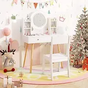 HONEY JOY Wooden Kids Vanity Set, Princess Dressing Table and Chair Set with 2-Color Front Lit Mirror, Drawers, Open Storage Shelves, Children Pretend Play Makeup Desk & Chair for 3+ Girls (White)