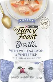 Purina Fancy Feast Wet Cat Food Complement, Broths Creamy with Wild Salmon & Whitefish - (16) 1.4 oz. Pouches