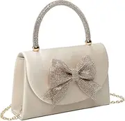 [Fontanella Fashion] Women's Elegant Evening Clutch Bag Rhinestone Bow Top Handle Sparkly Handbag Stylish Chain Strap Secure Closure, Gold, One Size