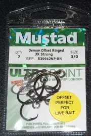 7 Pack Mustad R39942BLN-30 Ultra Point Size 3/0 3X Strong Ringed Circle Hooks