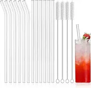 16 Pack Reusable Glass Straws, Clear Glass Drinking Straw, 215x10 MM, Set of 6 Straight and 6 Bent with 4 Cleaning Brushes - Perfect for Smoothies, Milkshakes, Tea, Juice - Dishwasher Safe