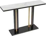 Marble Console Table Sintered Stone:Luxury Modern Hallway Tables 118x30x78cm Snow Mountain White Textured Clear Marble Tabletop with Black and Gold Geometric Line Pedestal for Home Decor