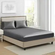 King Silk Satin Fitted Sheet, Soft Deep Pocket Single Bottom Bed Sheets Sold Separately, Wrinkle Free, Non- Fading, Breathable, Fully Elasticized(King Size, Dark Grey)