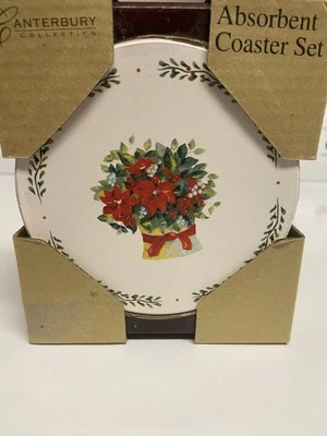 Set Of 4 Vintage Ceramic Coasters With holder Christmas Holly poinsettia flowers