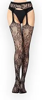 [Zeaicos] Women Fashion Snag Suspender Tights, High Waist Fishnet Tights Thigh High Stockings Suspender Pantyhose, Black, 14
