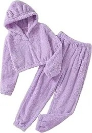 [SOLY HUX] Girl's Bear Ear Fuzzy Drop Shoulder Hoodie Sweatshirt with Sweatpants Two Piece Outfit