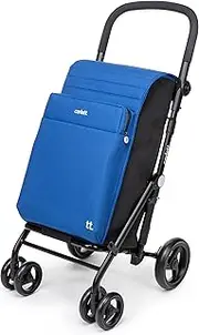Carlett - Shopping Trolley, Foldable Supermarket Trolley with 4 Wheels, Rain Resistant and Large Capacity of 32 kg, Main Bag of 64L, 12L Cooler Box and Back Pocket - Blue