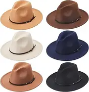 [Hercicy] 6 Pcs Squash Hats for Women Felt Panama Hat Wide Brim Squash Hat with Belt Buckle Floppy Hats Vintage Decoration Dress Hat