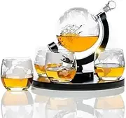 Don Vassie Etched Globe Decanter Set with 4 Etched Glasses and a Round Pine Base